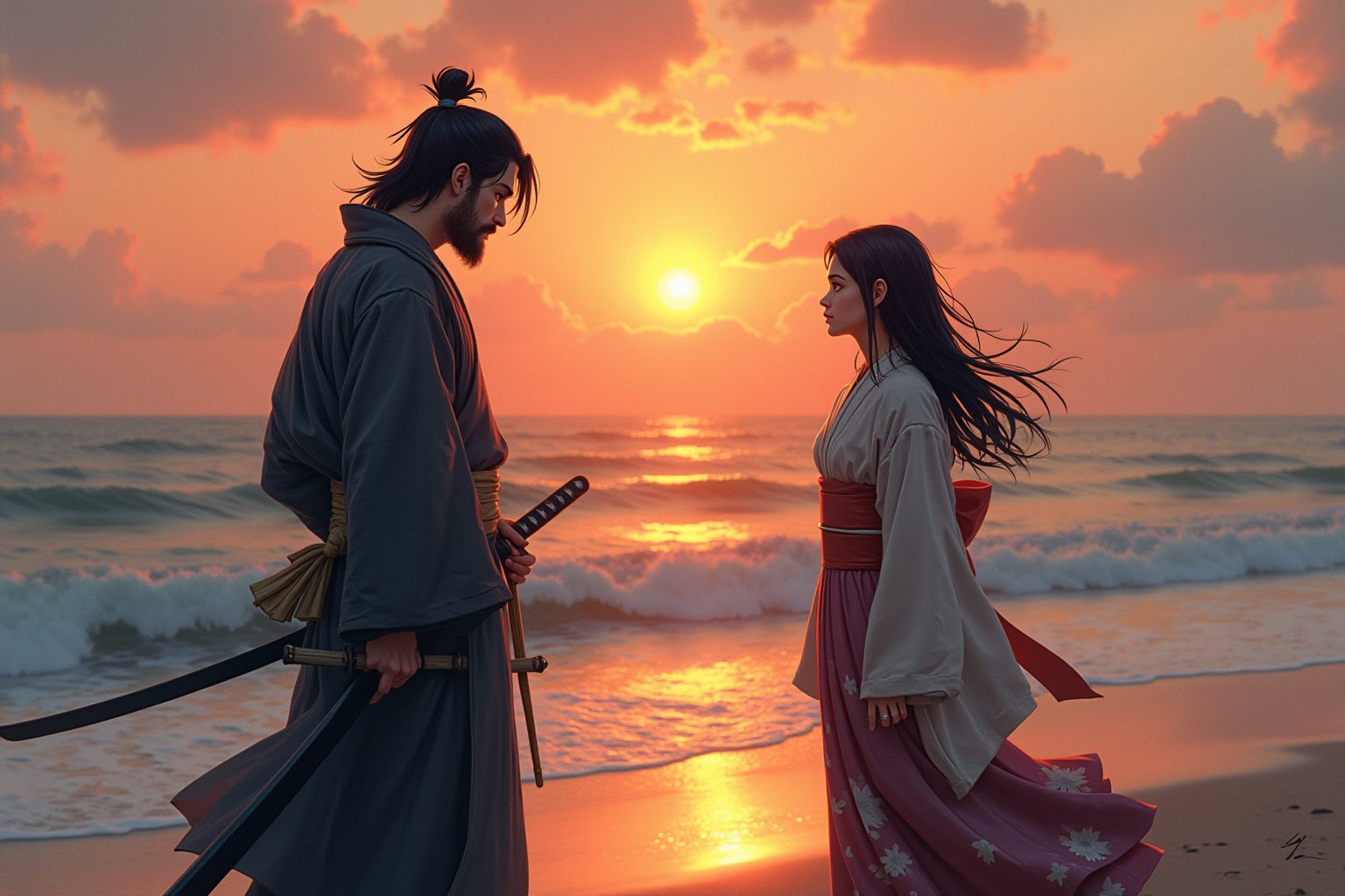 Illustrate a deeply emotional and dramatic scene between a ronin and his girlfriend at a seaside, set during their final goodbye. The ronin, dressed in worn-out traditional samurai robes, stands solemnly with his hand resting on the hilt of his katana. His girlfriend, wearing a flowing kimono, stands far apart from him, her expression filled with sorrow and longing. They are gazing intensely at each other, the distance between them symbolizing the emotional rift as they say their farewells. The backdrop is a serene, yet melancholic, seaside with waves gently lapping at the shore, and the setting sun casting long shadows and a golden glow over the scene. The sky is painted with hues of orange and pink, adding to the bittersweet atmosphere. The overall composition captures the profound emotion of separation and unspoken love.