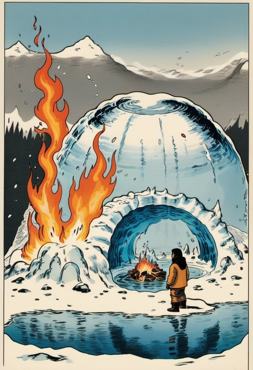 An inuit looking at a burning Igloo made of water and ice, melting, pool of water on ice,