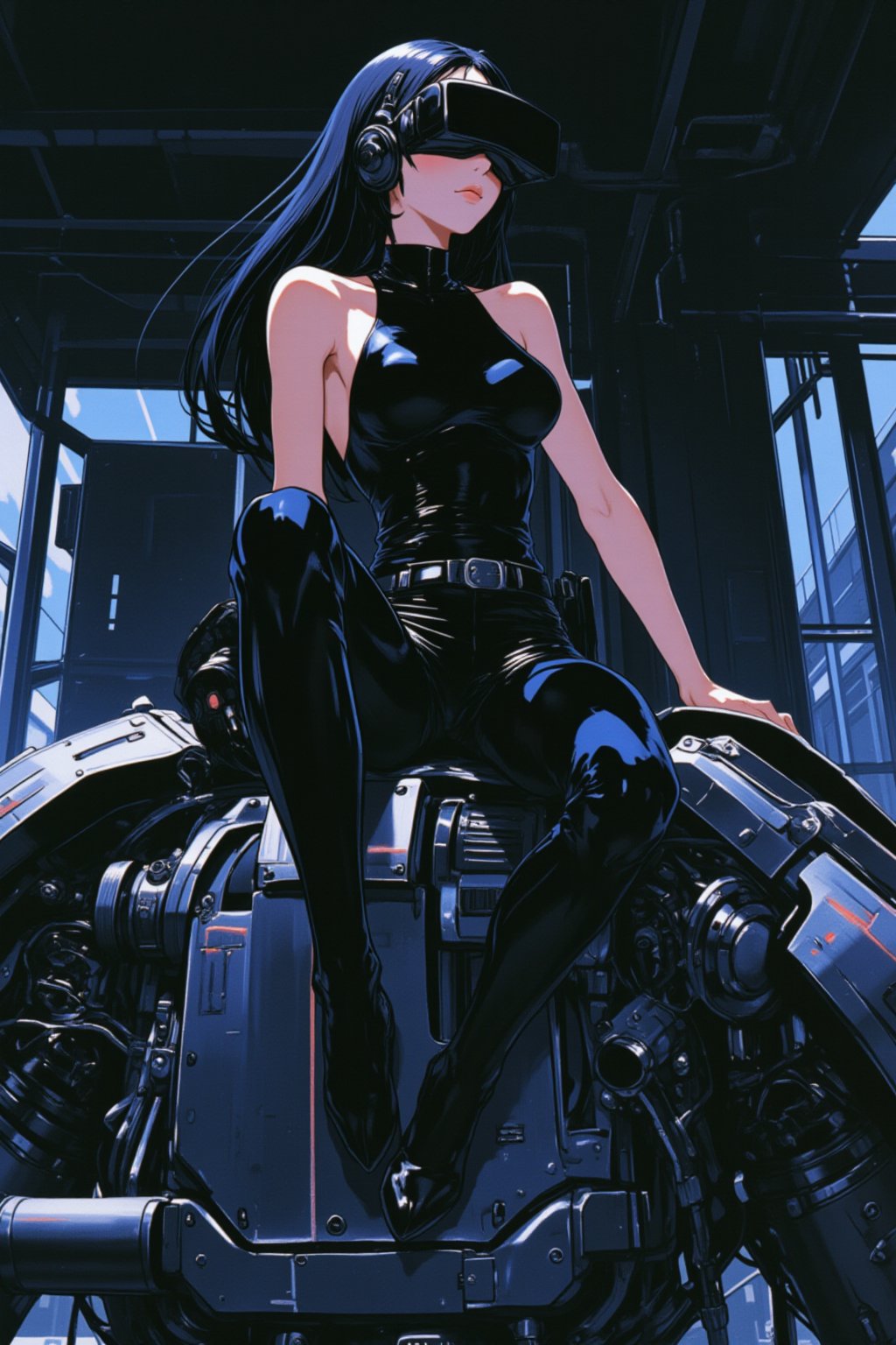 1980s anime film,mia,ando lyh. Anime Style. A striking, futuristic scene depicts a woman dressed in sleek, form-fitting leather attire, sitting confidently atop an open power suit, inspired by the cyberpunk aesthetics of Masamune Shirow. The power suit, a blend of advanced technology and military-grade armor, features intricate mechanical details, exposed wiring, and a robust, yet streamlined design. The woman, wearing a cutting-edge VR headset, exudes a sense of control and mastery over the machine beneath her. Her posture is relaxed yet commanding, with one hand resting on the suit’s metallic surface and the other casually holding a piece of advanced tech. The background is a high-tech industrial setting, with dim lighting that casts dramatic shadows, highlighting the fusion of human and machine. The overall atmosphere is one of futuristic coolness and cybernetic elegance, capturing the essence of Shirow’s iconic style.,