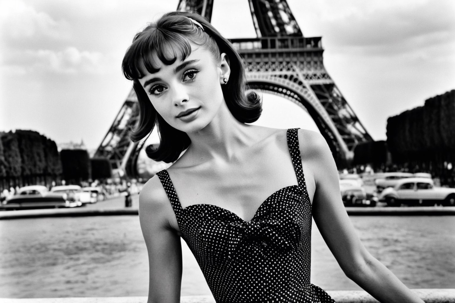 B & W Photo of a young 20yo Audrey Hepburn in a polkadot summer dress in Paris, Eiffel Tower in the background, Canon 5d Mark 4, Kodak Ektar