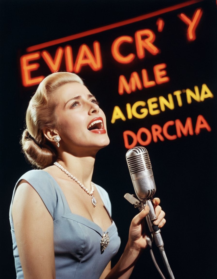 Color Photo of Eva Peron singing "Don't Cry for Me, Argentina" at a Broadway Musical, Stage Neon Sign says "Evita"
