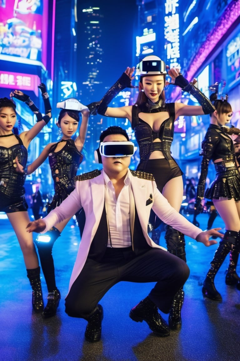 Psy,  wearing VR Headset,  Gangnam style,  performing with dancing K-pop girls,, top of bulding, night city, watching city, cyperpunk style, neon lighting, buildings, cyborg style,HZ Steampunk,cyborg style,cyborg,Movie Still,Film Still