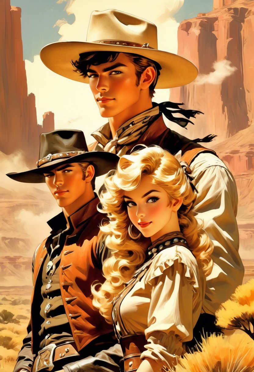 Anime artwork. Couple in the wild west, coboy hat, art by J.C. Leyendecker, anime style, key visual, vibrant, studio anime,  highly detailed,LaxpeintXL