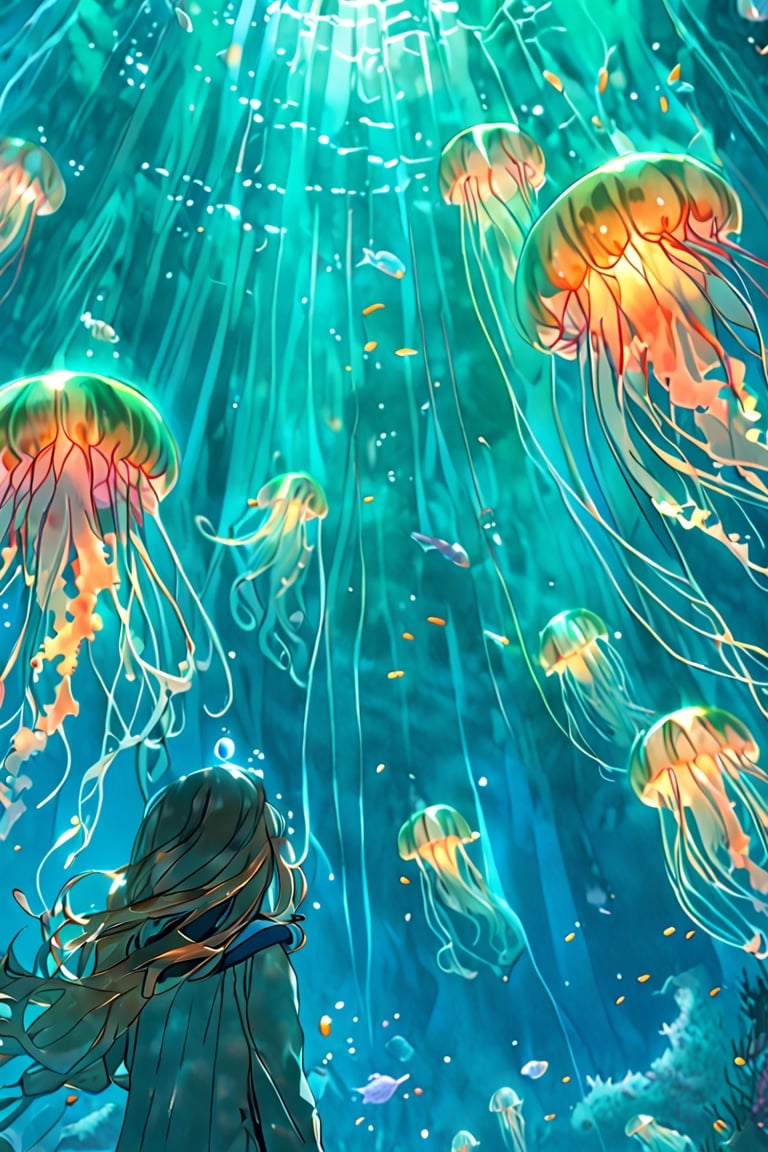 through the transparent barrier of an underwater observation pod, a terrified young girl gazes wide-eyed at the colossal figure of a Lion’s Mane Jellyfish. The glass wall magnifies the immense Jellyfish's size, highlighting its tentacles and baggy fluid-like body and vibrant bioluminescence colors. The girl's fear is palpable, her small frame contrasted against the overwhelming might of the ancient creature outside. The underwater scene is enveloped in an eerie blue-green glow, illuminated by the pod's artificial lighting. This tense and dramatic moment is captured as a hauntingly realistic photograph, taken with a telephoto lens that captures both the intricate details of the Lion’s Mane Jellyfish features and the raw emotion etched across the girl's face.