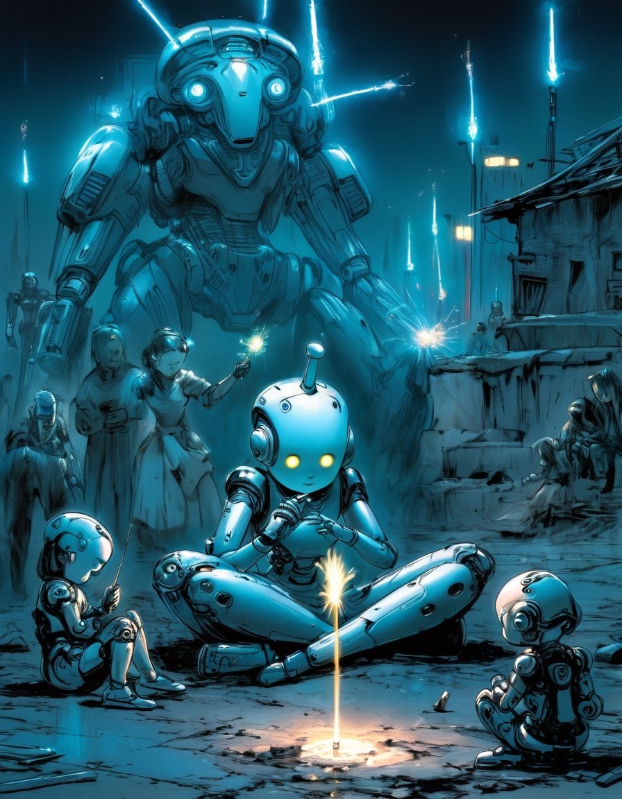 Drawing. r3mbr4ndt. Sad android girl, birthday cake, sitting on the ground, led eyes, with metallic robot body, holding a sparkler, surrounded by her family. A crumbling cyberpunk ruin in the background, night scene