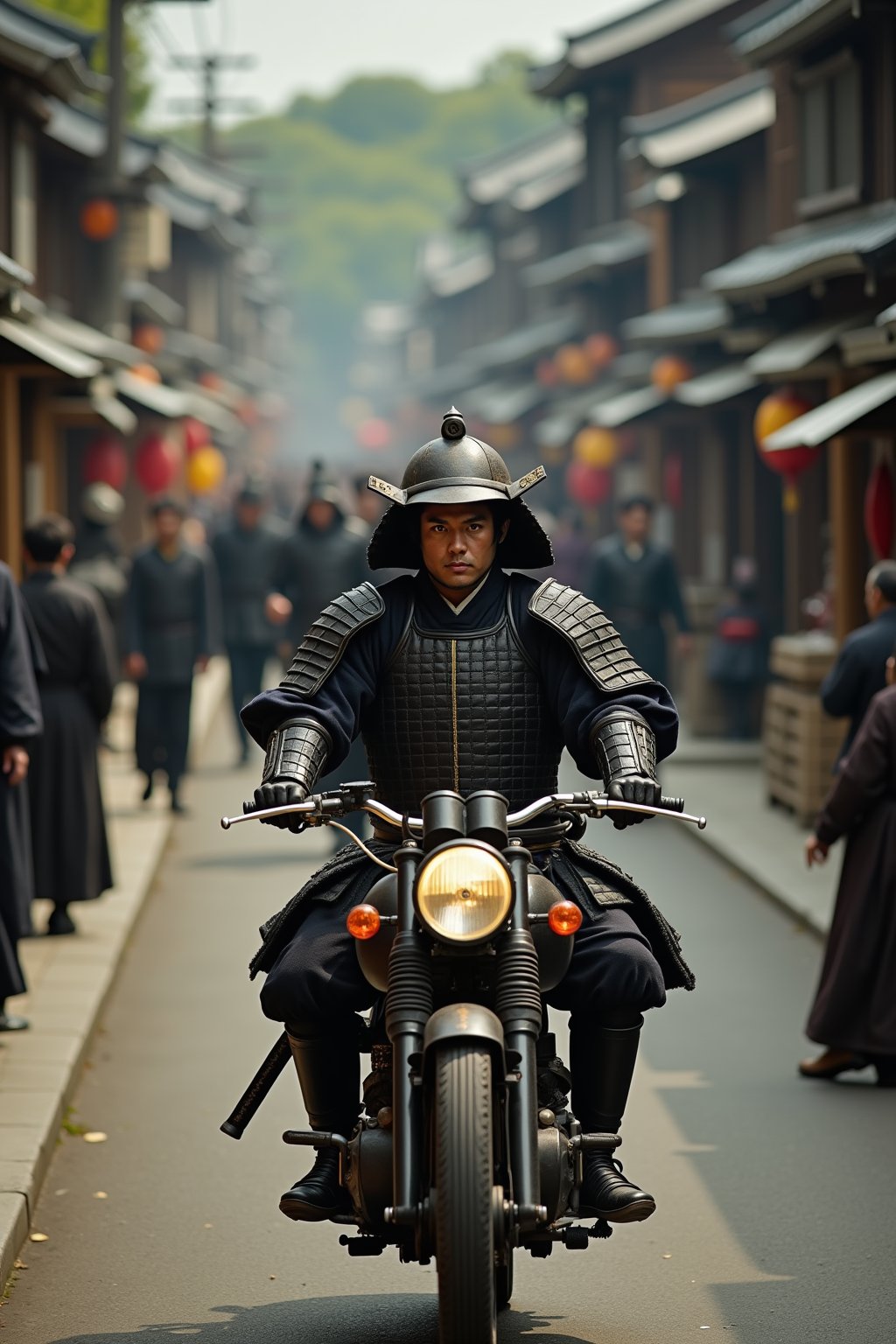 Overhead Closeup Shot of a samurai riding a motorcycle across a busy street in Kyoto, set in the year 1800. The samurai, has a serious expression, wearing traditional armor, has his katana sheathed at his side as he speeds through the bustling market street, filled with merchants, pedestrians, and wooden stalls. 