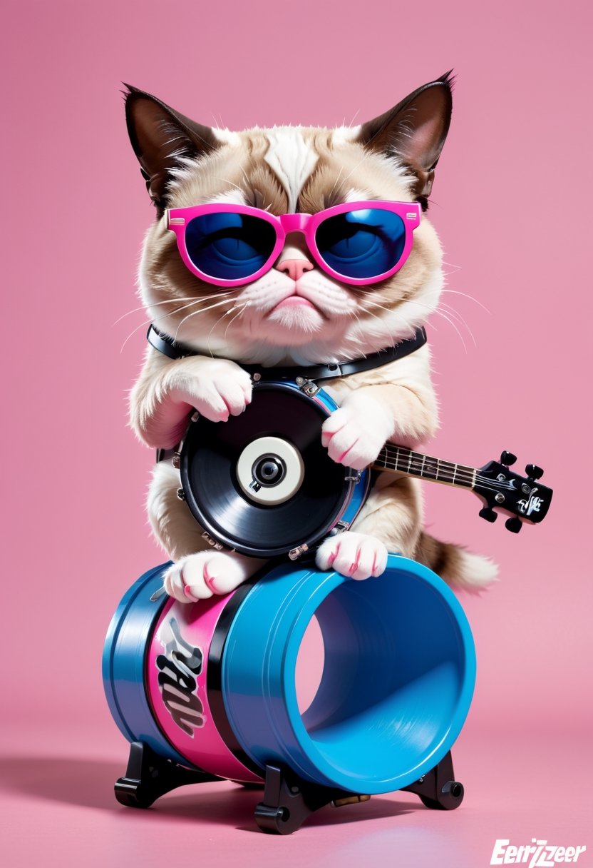 Grumpy Cat as pink mechanical toy wearing sunglasses and blue and black striped flip-flops that beats a bass drum bearing the Energizer logo.