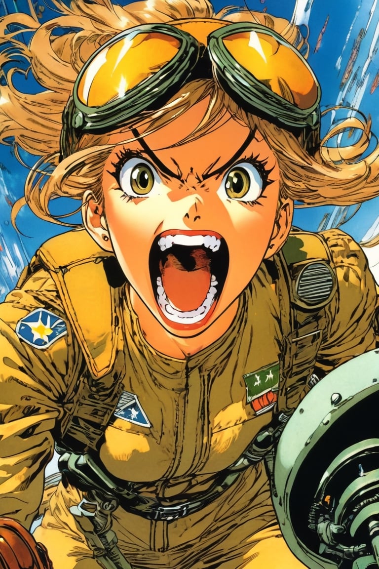 Anime Network, Female pilot, screaming, inside cockpit, ww2, art by Masamune Shirow. Anime style, key visual, vibrant, studio anime