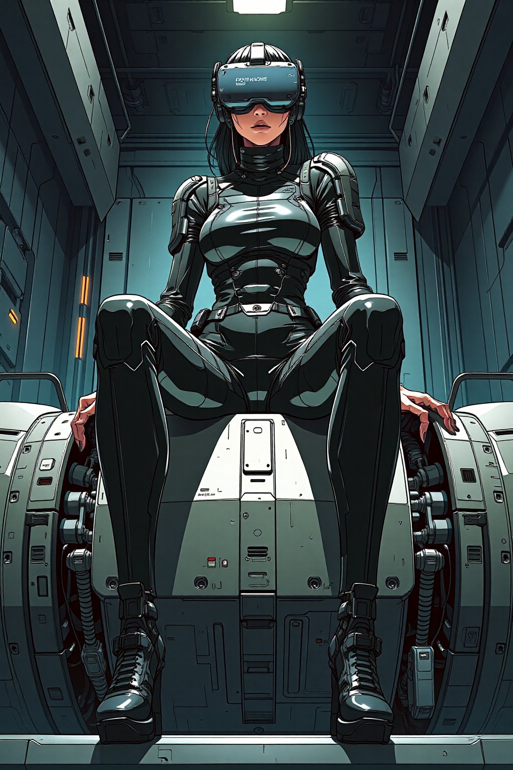 Anime artwork. A striking, futuristic scene depicts a woman dressed in sleek, form-fitting leather attire, sitting confidently atop an open power suit, inspired by the cyberpunk aesthetics of Masamune Shirow. The power suit, a blend of advanced technology and military-grade armor, features intricate mechanical details, exposed wiring, and a robust, yet streamlined design. The woman, wearing a cutting-edge VR headset, exudes a sense of control and mastery over the machine beneath her. Her posture is relaxed yet commanding, with one hand resting on the suit’s metallic surface and the other casually holding a piece of advanced tech. The background is a high-tech industrial setting, with dim lighting that casts dramatic shadows, highlighting the fusion of human and machine. The overall atmosphere is one of futuristic coolness and cybernetic elegance, capturing the essence of Shirow’s iconic style.