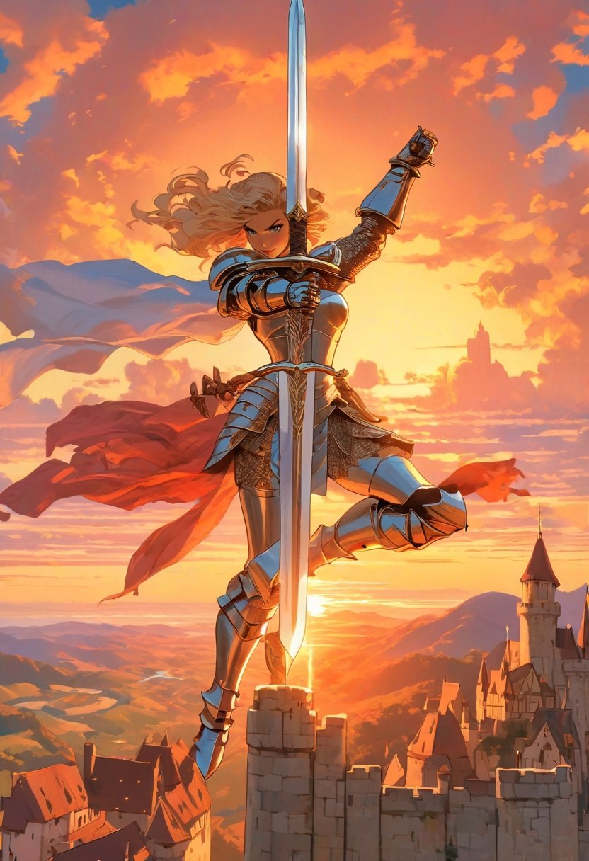 Overhead shot of  young woman in medieval metal armor, lifting a sword toward the sky, near a faraway castle at sunset. overlooking a valley, art by J.C. Leyendecker. Anime artwork, anime style, key visual, vibrant, studio anime,  highly detailed