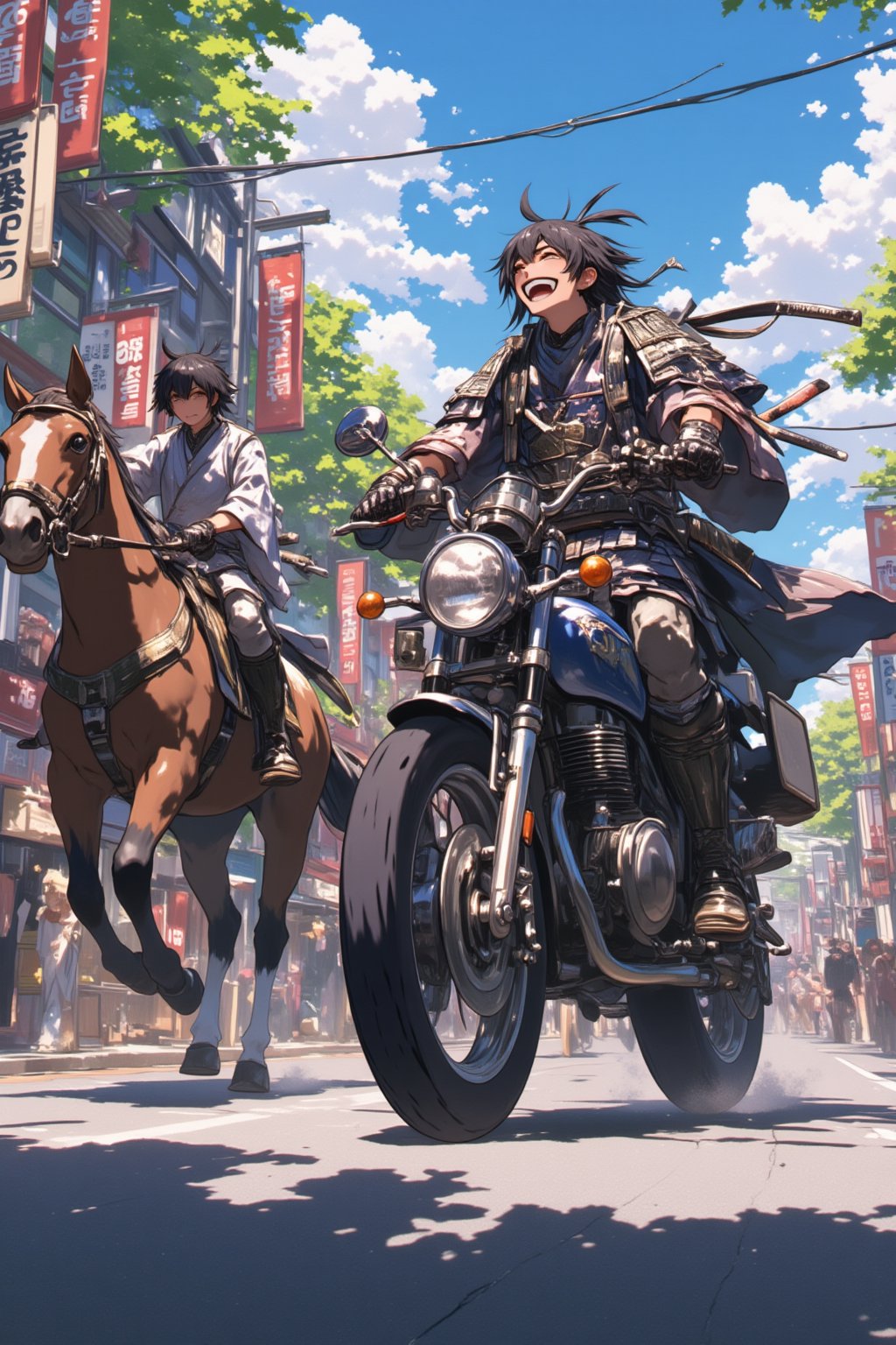 Anime style. A race between a Samurai on a motorcycle with a man on a horse. Close up of a Japanese man dressed as a samurai riding a motorcycle across a busy street in Kyoto, set in the year 1800. The samurai, laughing while looking upward, is wearing traditional armor, has his katana sheathed at his side as he speeds through the bustling market street, filled with merchants, pedestrians, and wooden stalls. The horse rider looks at the samurai in astonishment.