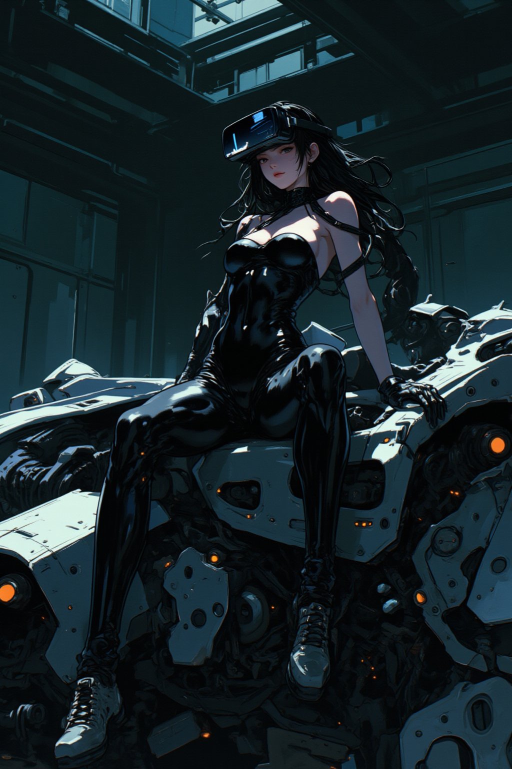 style.,anime,lyh,mia,ando. A striking, futuristic scene depicts a woman dressed in sleek, form-fitting leather attire, sitting confidently atop an open power suit, inspired by the cyberpunk aesthetics of Masamune Shirow. The power suit, a blend of advanced technology and military-grade armor, features intricate mechanical details, exposed wiring, and a robust, yet streamlined design. The woman, wearing a cutting-edge VR headset, exudes a sense of control and mastery over the machine beneath her. Her posture is relaxed yet commanding, with one hand resting on the suit’s metallic surface and the other casually holding a piece of advanced tech. The background is a high-tech industrial setting, with dim lighting that casts dramatic shadows, highlighting the fusion of human and machine. The overall atmosphere is one of futuristic coolness and cybernetic elegance, capturing the essence of Shirow’s iconic 