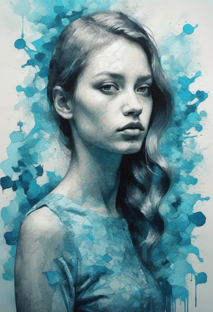 Girl by Va Gogh, cyan and blue, inkblots, made of crystals, juxtapositions extraordinaire, geometric animal figures, ink and wash, redshift,v0ng44g,p14nt1ng,oil painting