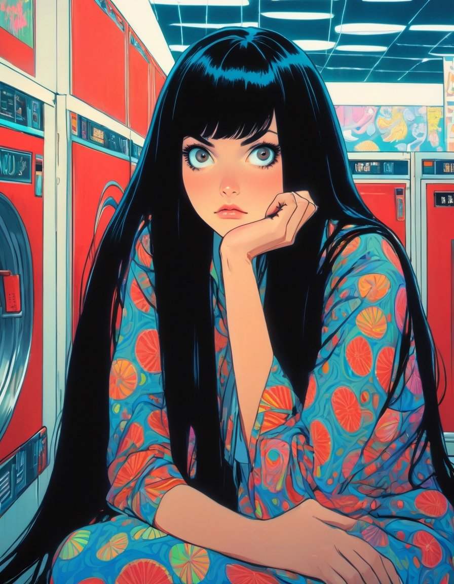 Woman, long black hair, bored, waiting at a laundromat, art by Junji Ito, art by Martine Johanna, anime network, anime style