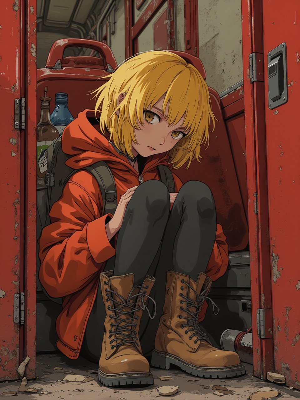 Anime style art by J.C. Leyendecker. Photo Close up of a blonde girl, sitting on train, red interior, rust, garbage on the floor, broken bottles.  She wear a backpack and hicking boots.