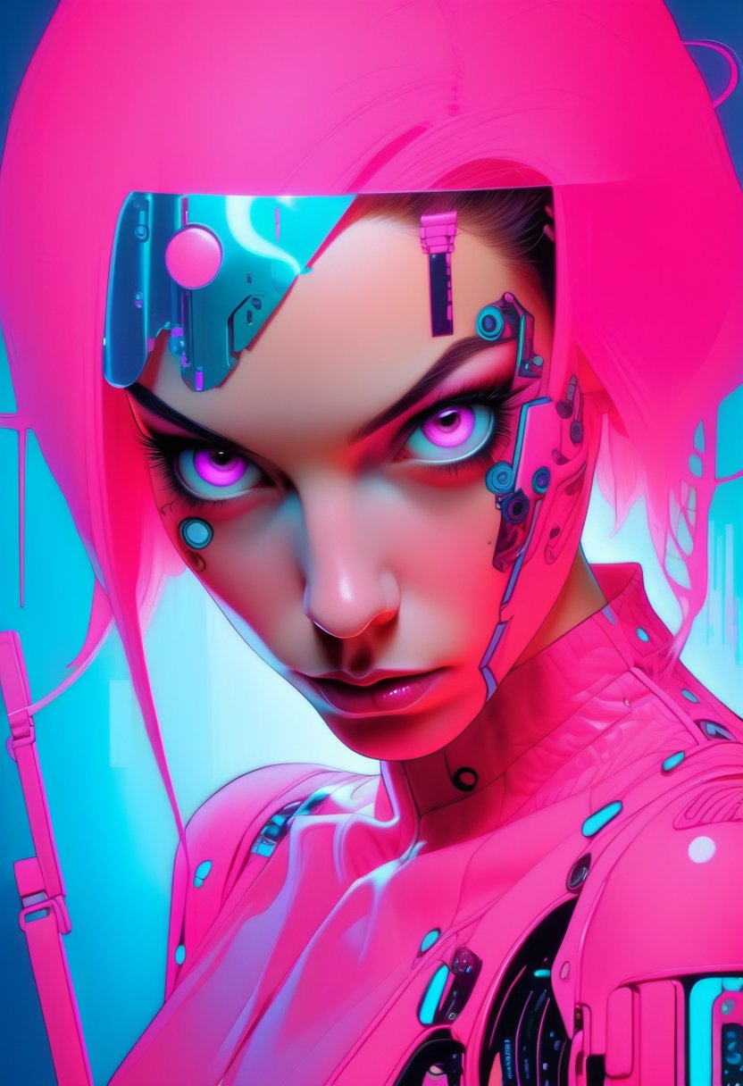 Portrait of a woman in pink cyberpunk suit,   in the style of Suehiro maruo,  etam cru,  irene sheri,  punctured canvases,  (Realistic),  masterpiece,  best quality,  cinematic lighting,  natural shadow,  highest detail,  professional photography