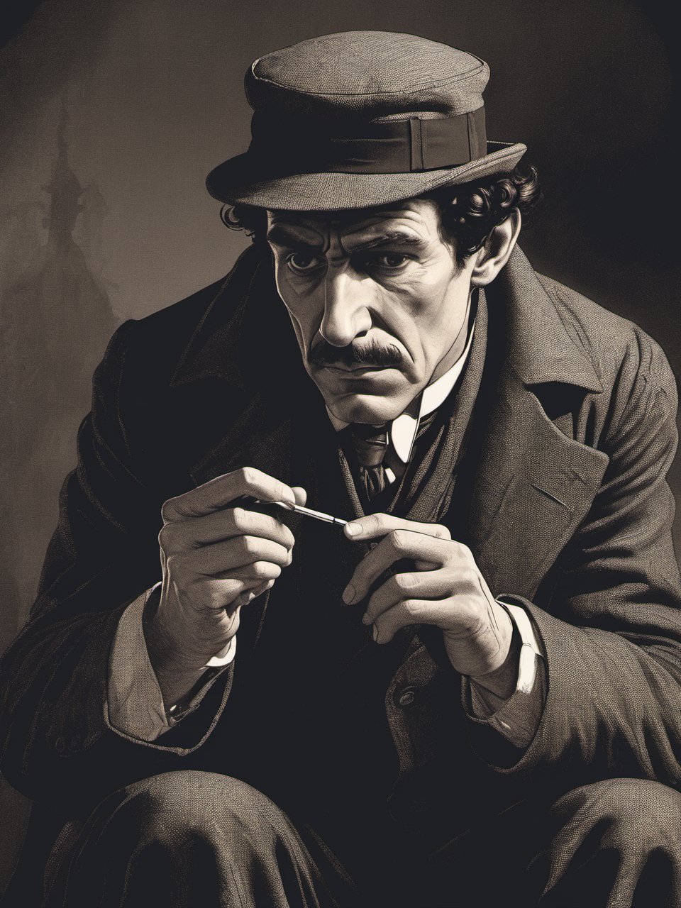 Closeup of a Sherlock Holmes, wearig a Deerstalker, bored, sitting on a sofa, injecting cocaine with a needle.