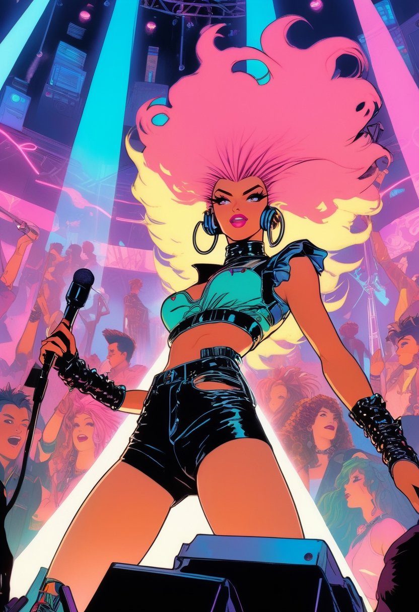 Anime artwork, high quality photograph from below, taken from the crowd, focus on full body shot of Jem and the Holograms, art by J.C. Leyendecker, performing on stage, Spotlights and bright colorful music show lights, silhouetted crowd of people around the photographer, Jem singing on a mic, and her band mates in the background playing their instruments, 80s/90s aesthethic, cyberpunk style, cyberwear, extreme upward angle, sfw