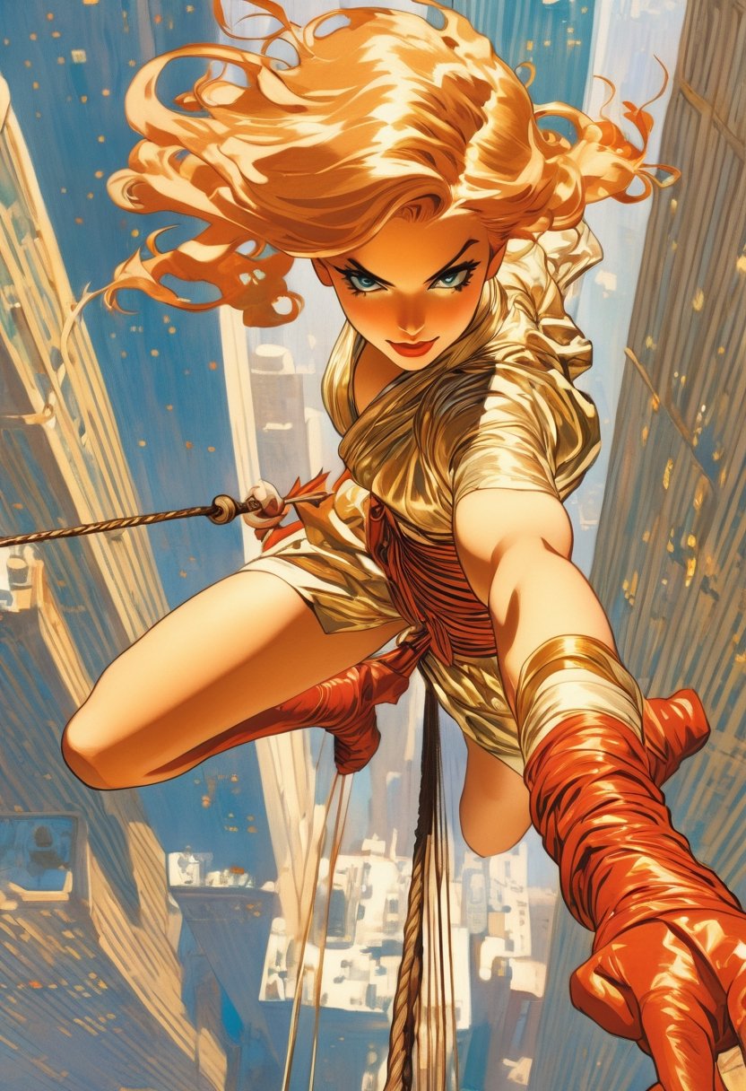 Anime Network,  close up of woman tightrope walking on  skyscrapper,  art by J.C. Leyendecker. Anime artwork,  anime style,  key visual,  vibrant,  studio anime,  highly detailed