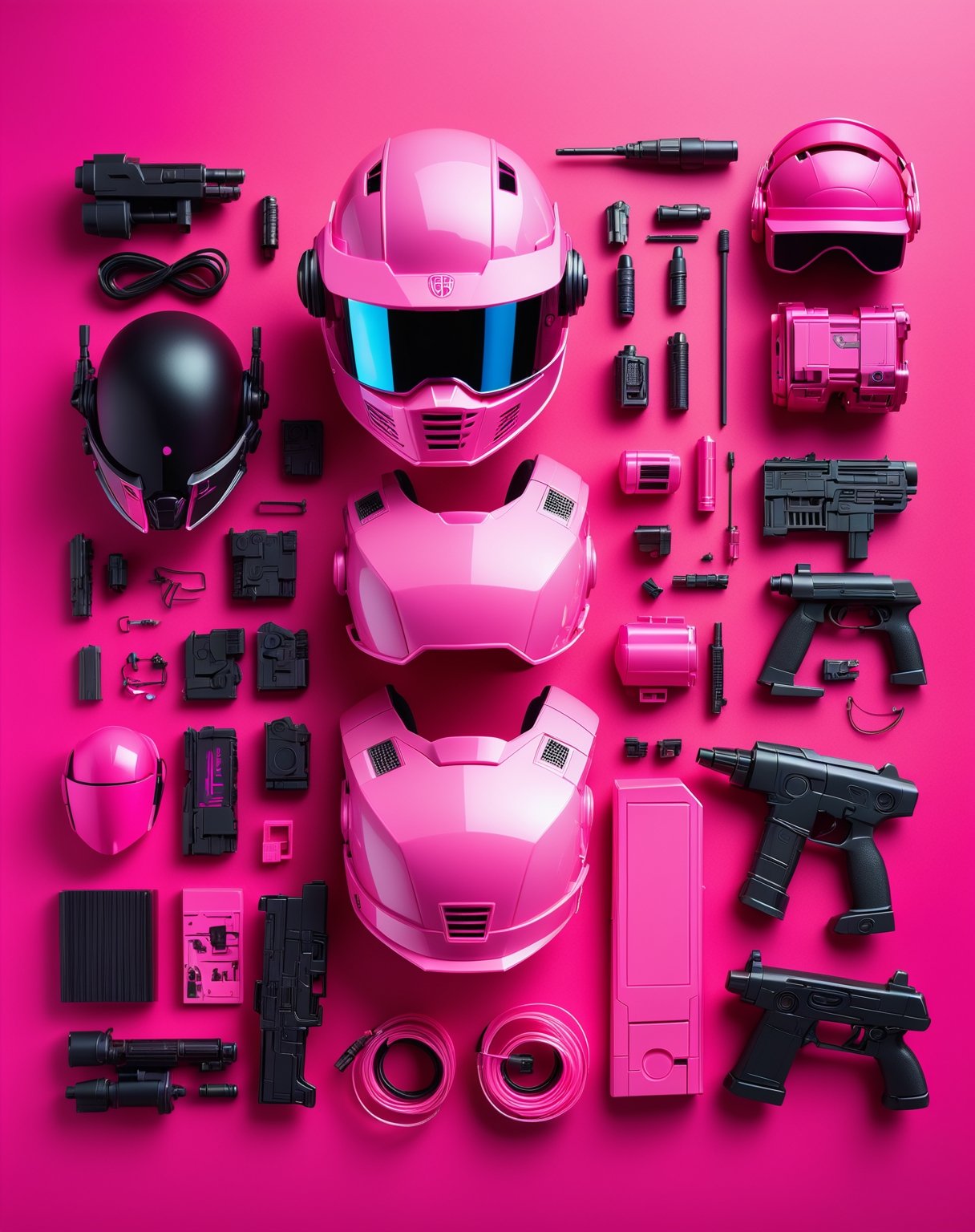 Barbie doll, cyberpunk, VR helmet and pink cyberpunk armor, laser gun , flat lay photography, object arrangement, knolling photography