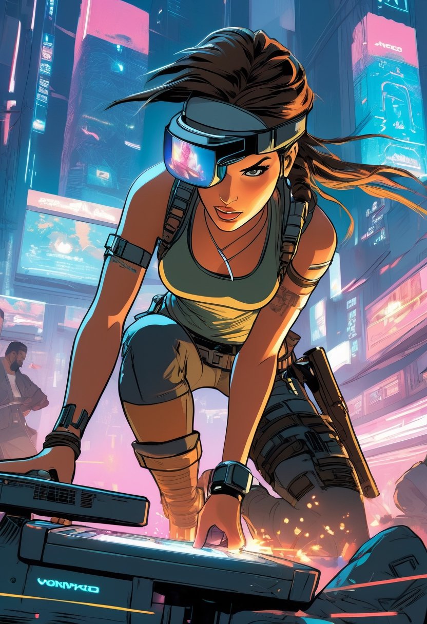 Lara Croft from Tomb Raider, wearing VR helmet, hacking on a computer. cyberpunk 2077 cityscape, art by Makoto Shinkai, art by J.C. Leyendecker