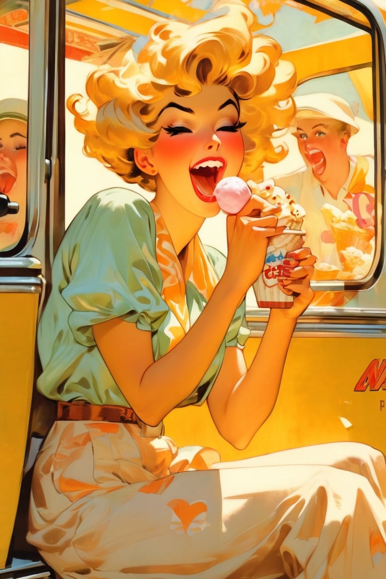 Woman, bored expression, yawning, sitting beside an icecream truck, art by J.C. Leyendecker . anime style, key visual, vibrant, studio anime