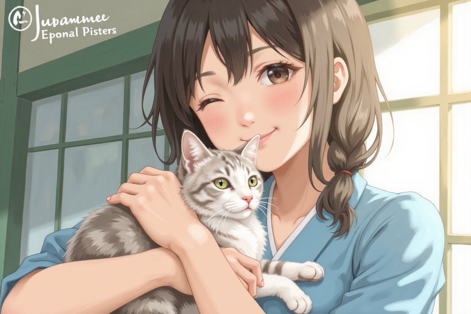 Oil painting. Create a close-up portrait of a smiling Japanese young woman in her traditional uniform, holding or sitting next to her beloved cat. The woman wearing a classic summer dress, has a warm, gentle smile on her face as she looks at the camera. Her cat, a cute and fluffy companion, either rests in her arms or sits beside her, gazing up with calm eyes. The background should be softly blurred to keep the focus on the girl and her cat, with natural lighting that highlights their bond. The overall tone of the portrait is bright, heartwarming, and serene, capturing the joy and affection between the girl and her pet.