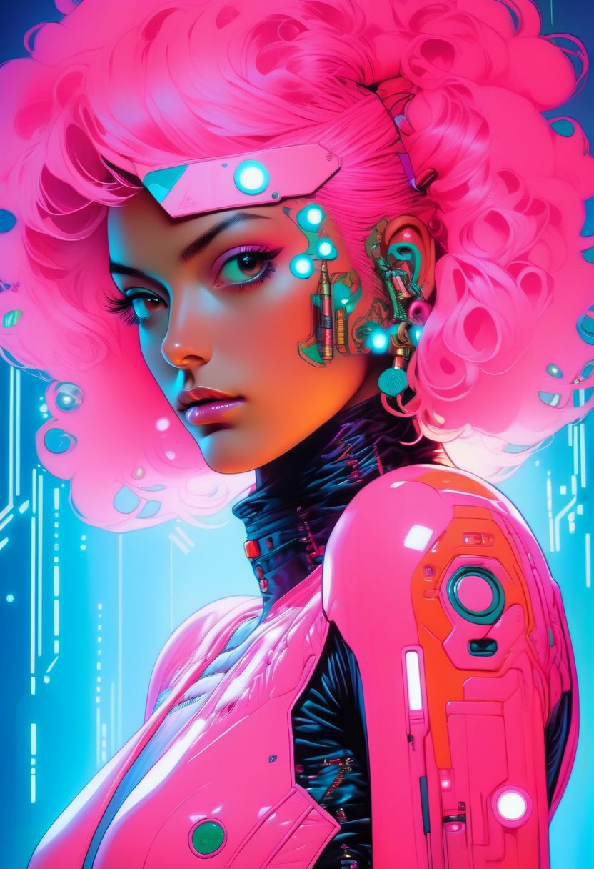 Portrait of a woman in pink cyberpunk suit,   art by Suehiro maruo,  etam cru,  irene sheri, cinematic lighting,  natural shadow,  highest detail,  professional photography