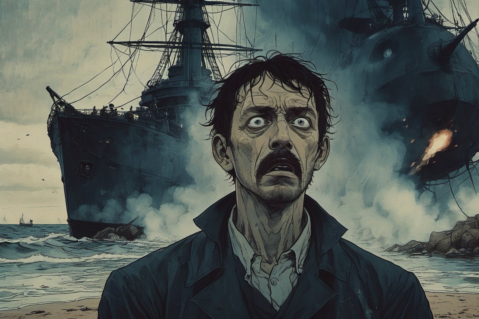 Closeup of a frightened man, eyes wide open, the narrator of War of the World, standing at the beach. Background is the Ironclad warship HMS Thunder Child firing at a Martian Tripod, 1892