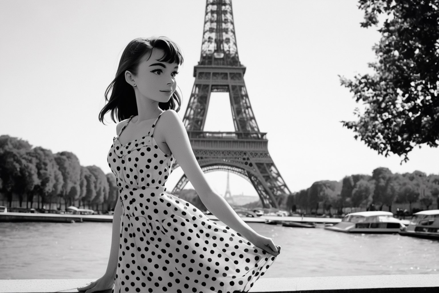 B & W Photo of a young 20yo Audrey Hepburn in a polkadot summer dress in Paris, Eiffel Tower in the background, Canon 5d Mark 4, Kodak Ektar