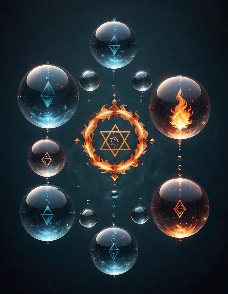 Fantasy image of floating transparent spheres arranged in symmetrical pattern, each representing the alchemy symbols, fire, water, air, and earth, Simple background