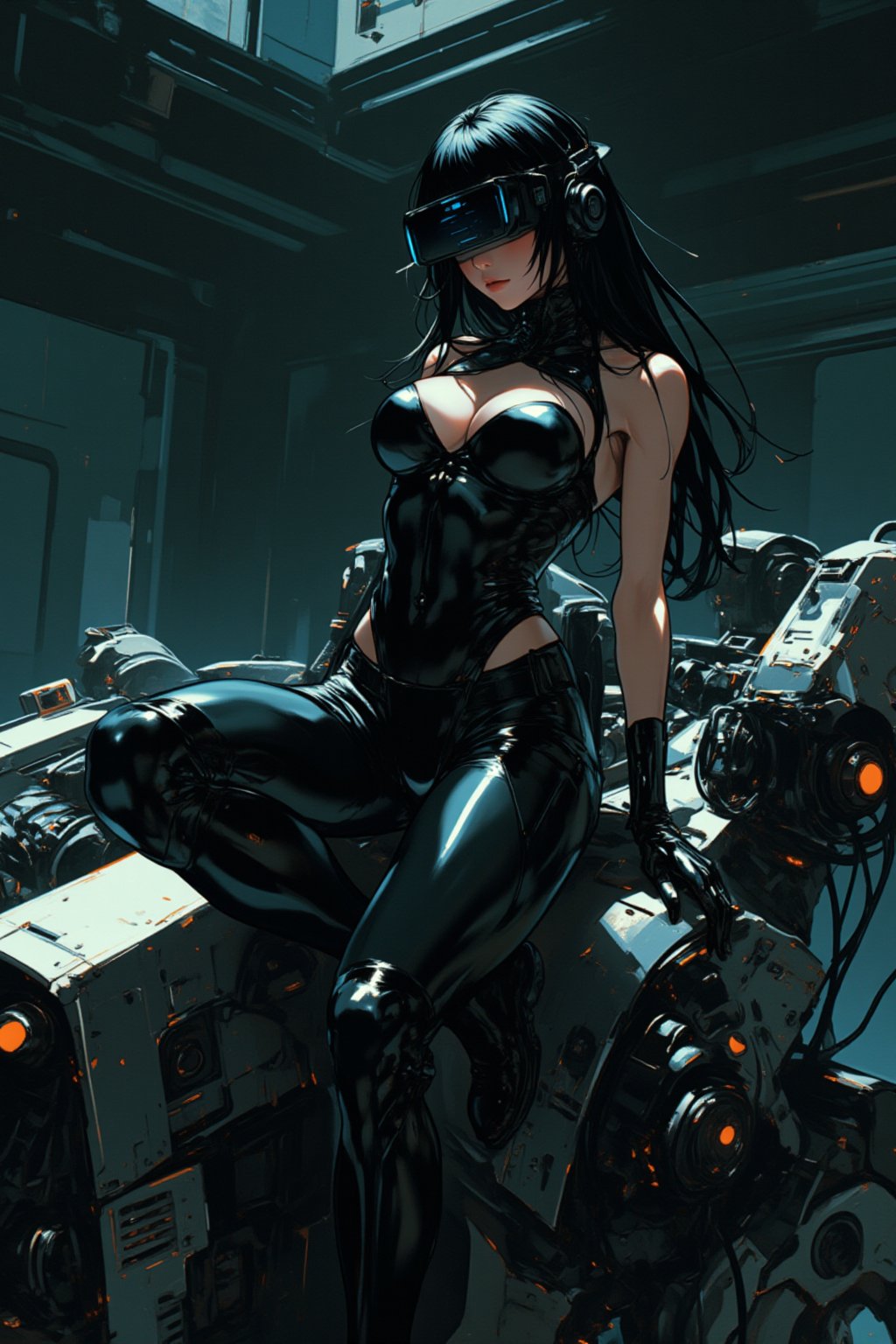 A striking, futuristic scene depicts a woman dressed in sleek, form-fitting leather attire, sitting confidently atop an open power suit, inspired by the cyberpunk aesthetics of Masamune Shirow. The power suit, a blend of advanced technology and military-grade armor, features intricate mechanical details, exposed wiring, and a robust, yet streamlined design. The woman, wearing a cutting-edge VR headset, exudes a sense of control and mastery over the machine beneath her. Her posture is relaxed yet commanding, with one hand resting on the suit’s metallic surface and the other casually holding a piece of advanced tech. The background is a high-tech industrial setting, with dim lighting that casts dramatic shadows, highlighting the fusion of human and machine. The overall atmosphere is one of futuristic coolness and cybernetic elegance, capturing the essence of Shirow’s iconic 