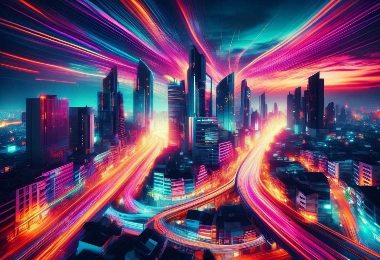 City skyline at night, cool colors, vibrant lights, futuristic style, wide angle, bustling streets, dark sky. ral-exposure, in the style of double exposure, neon art nouveau, long exposure, wimmelbilder, layered lines, neonpunk, chiaroscuro, best quality, masterpiece, highres, absurdres, incredibly absurdres, huge filesize, wallpaper, colorful,8K,RAW photo ,Long_Exposure