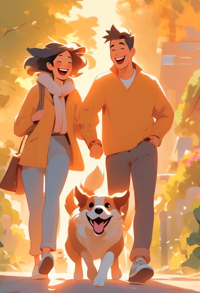 Couple walking dog, laughing