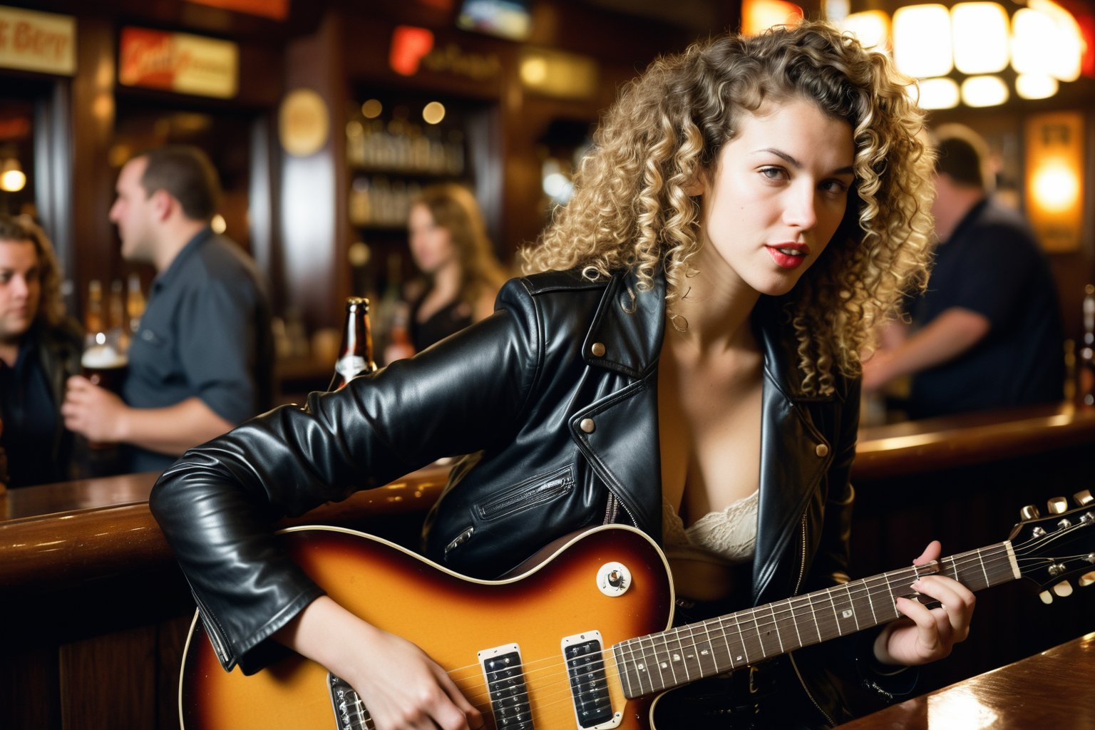  Dutch Angle. Closeup Photo of a caucasian woman with curly hair, leather jacket and mini skirt playing guitar in a bar. Background is a fat man drinking beer. Style by J.C. Leyendecker. Canon 5d Mark 4, Kodak Ektar, 35mm 