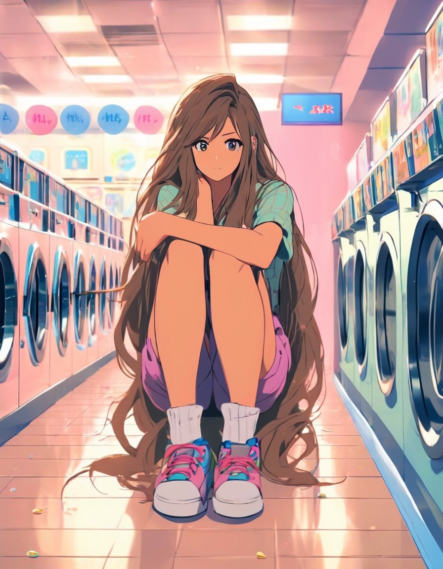 Woman, long hair, bored, waiting at a laundromat, anime network, anime style