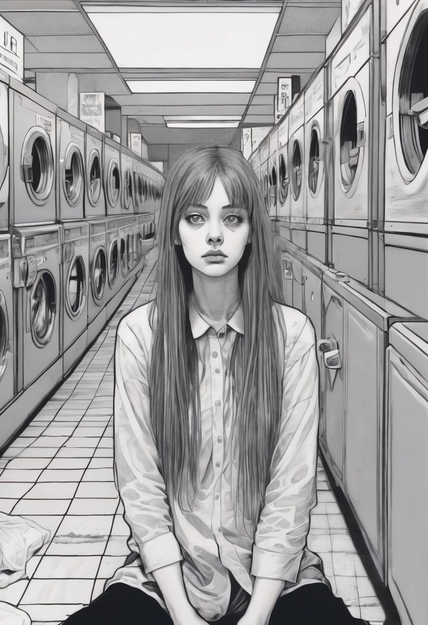 Woman, long hair, bored, waiting at a laundromat, overhead shot, art by Junji Ito, art by Martine Johanna