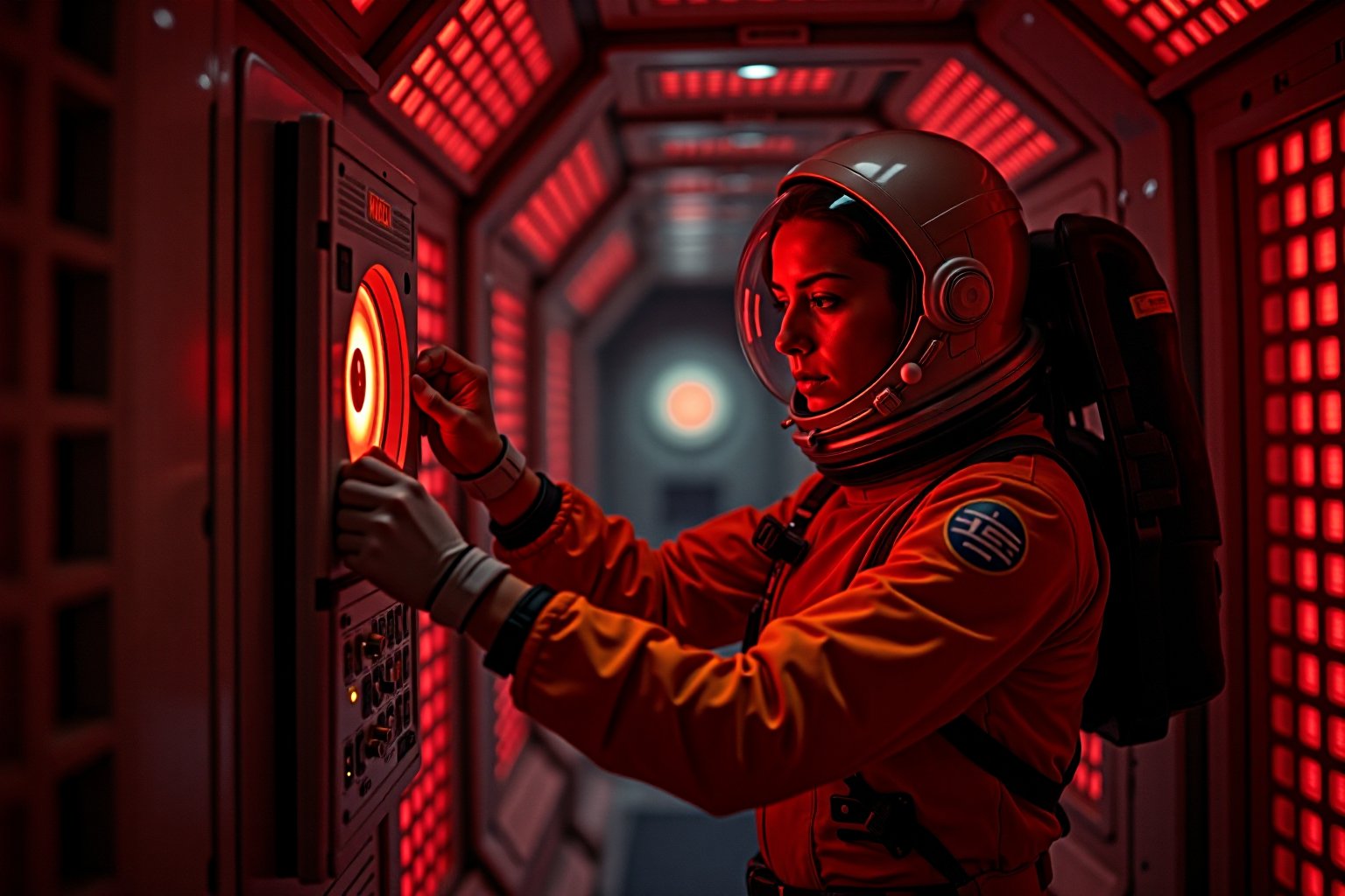 A female astronaut in a futuristic, orange spacesuit is inside a spaceship with a dim, red-lit interior. She is floating in a narrow corridor, carefully removing components from a panel on the wall. The panel displays a glowing red eye, reminiscent of HAL 9000. The scene is tense, with the astronaut's expression showing determination as she works to disable the system. The background features the same gridded, red light pattern that reflects the cold, mechanical atmosphere of the spacecraft.