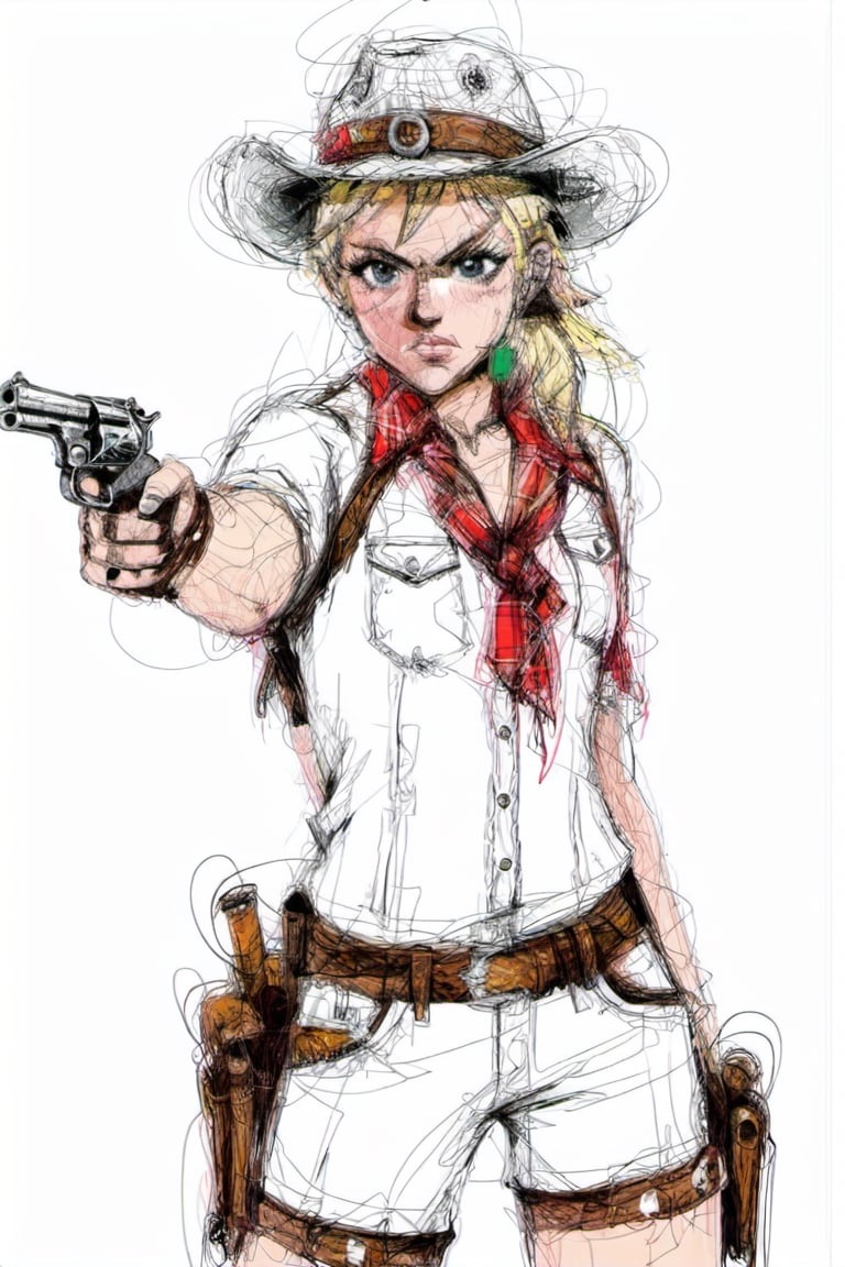 Blonde Cowgirl in white short shorts,pointing with a gun, anime style, black and white drawing