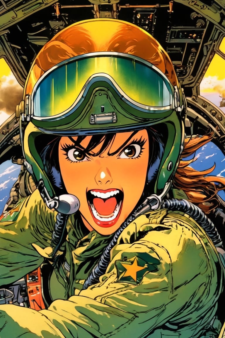 Anime Network, Female pilot, screaming, inside cockpit, ww2, art by Masamune Shirow. Anime style, key visual, vibrant, studio anime