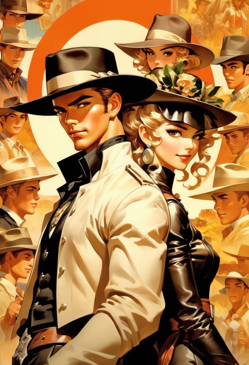 Anime artwork. only Couple in the far west, coboy fedora hat, art by J.C. Leyendecker, anime style, key visual, vibrant, studio anime,  highly detailed,LaxpeintXL