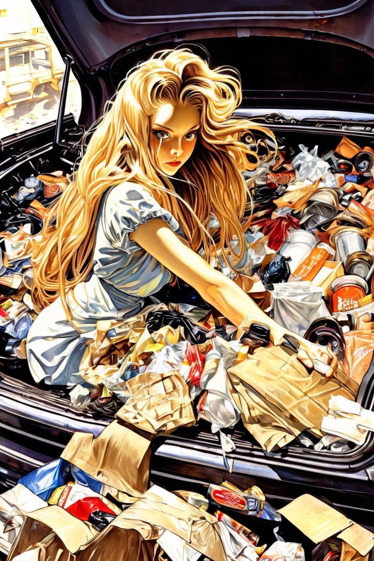 anime artwork, open trunk of a car, filled with trash, Woman, long hair, art by J.C. Leyendecker, anime style, key visual, vibrant, studio anime, highly detailed