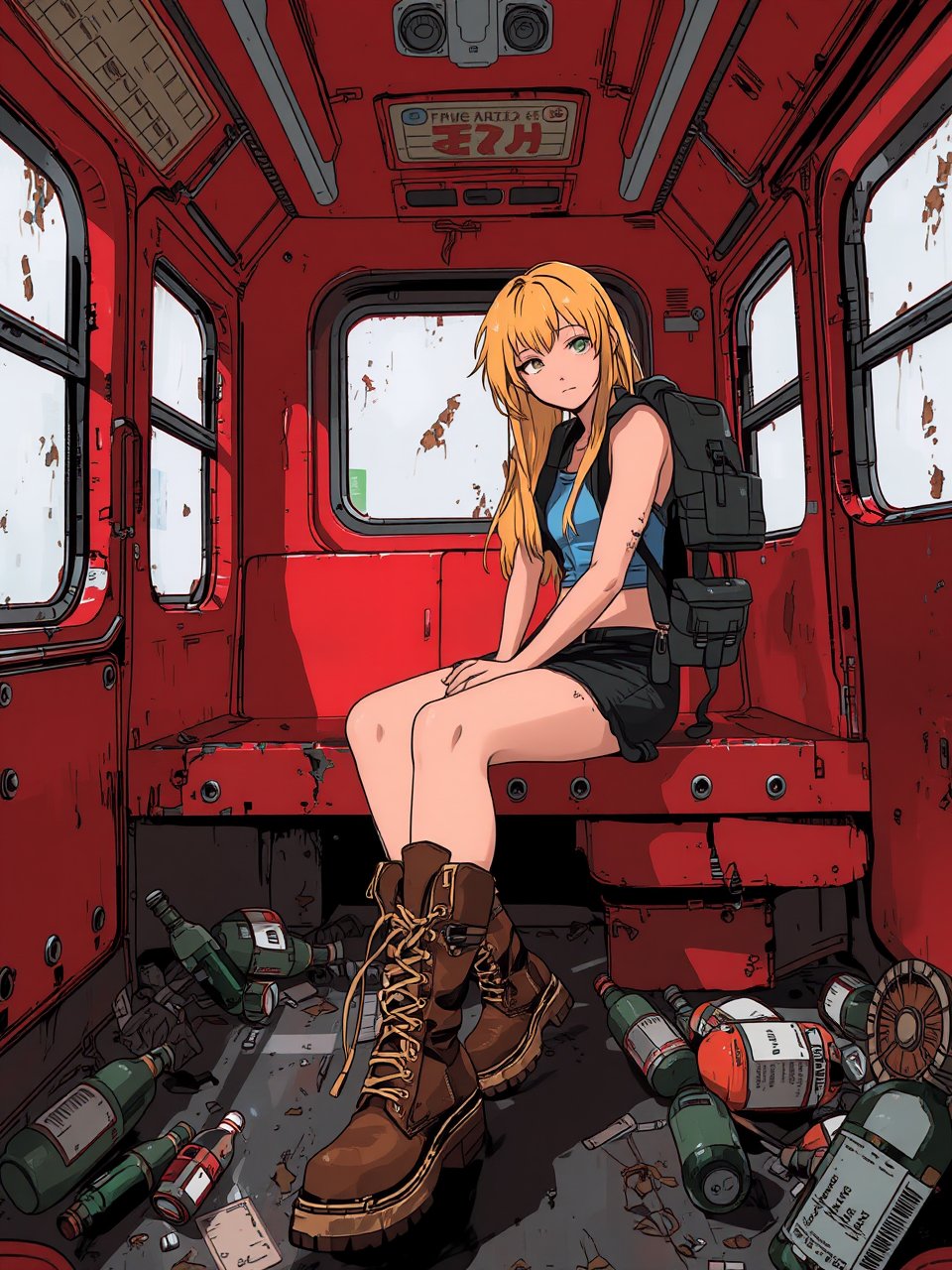 Anime style by Masamune Shirow. A blonde woman, sitting on train, red interior, rust, garbage on the floor, broken bottles.  She wear a backpack and hicking boots.