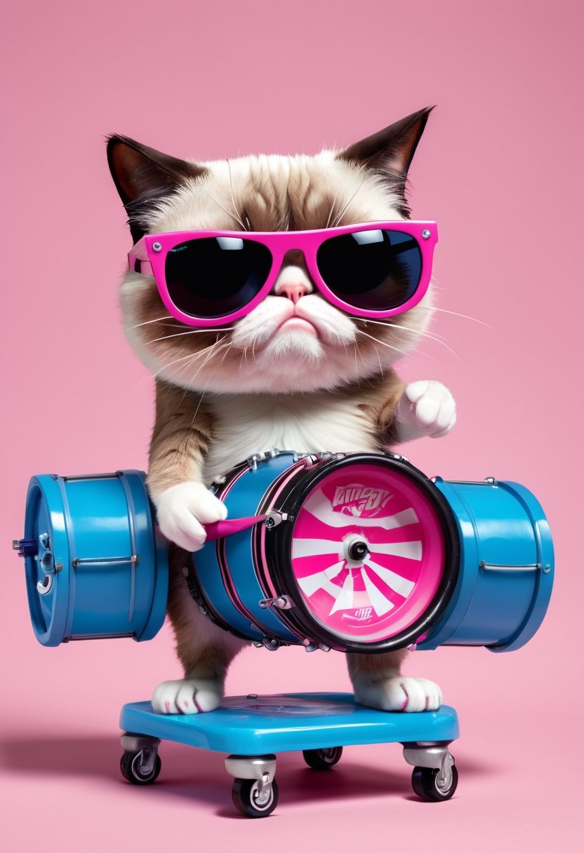 Grumpy Cat as pink mechanical toy wearing sunglasses and blue and black striped flip-flops that beats a bass drum bearing the Energizer logo.