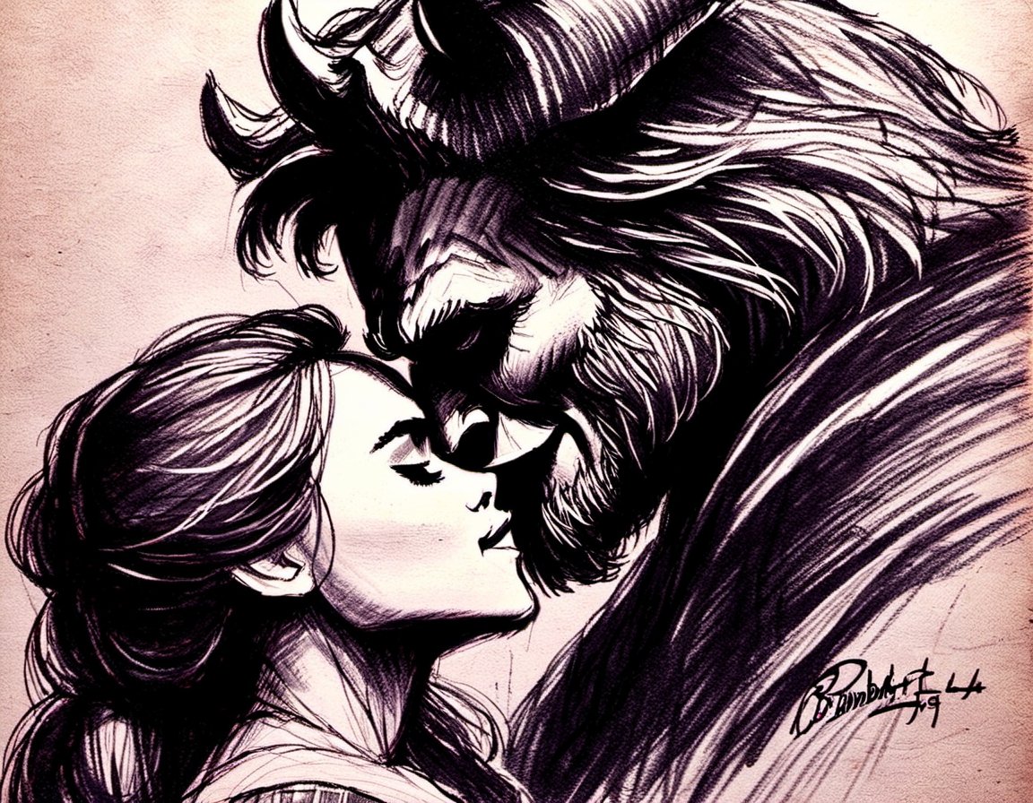 r3mbr4ndt, A dark drawing of Emma Watson as Beauty, Kissing The Beast  from the movie "Beauty and the Beast"