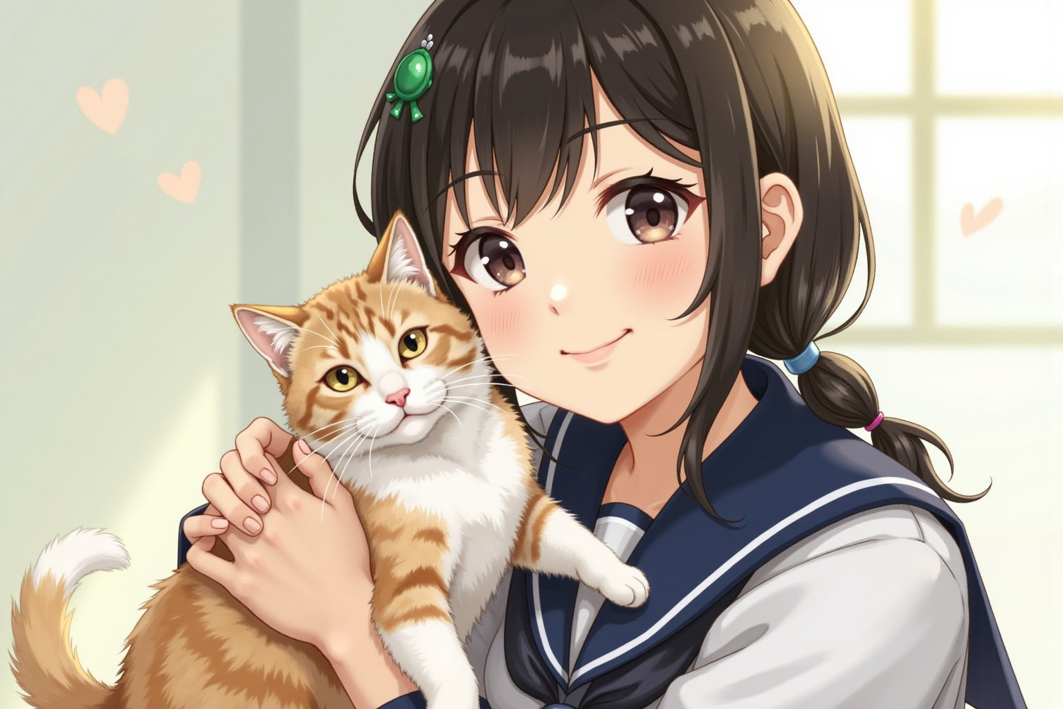 Oil painting. Create a close-up portrait of a smiling Japanese young woman in her traditional uniform, holding or sitting next to her beloved cat. The girl, wearing a classic navy blue and white sailor-style school uniform, has a warm, gentle smile on her face as she looks at the camera. Her cat, a cute and fluffy companion, either rests in her arms or sits beside her, gazing up with calm eyes. The background should be softly blurred to keep the focus on the girl and her cat, with natural lighting that highlights their bond. The overall tone of the portrait is bright, heartwarming, and serene, capturing the joy and affection between the girl and her pet.