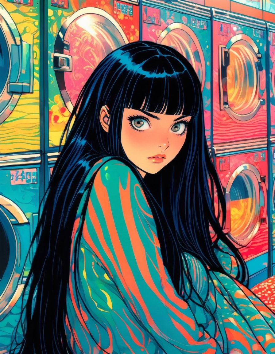 Woman, long black hair, bored, waiting at a laundromat, art by Junji Ito, art by Martine Johanna, anime network, anime style