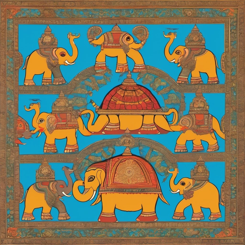 Hindu Mythonlogy showing a World Turtle with World Elephants resting on its back.