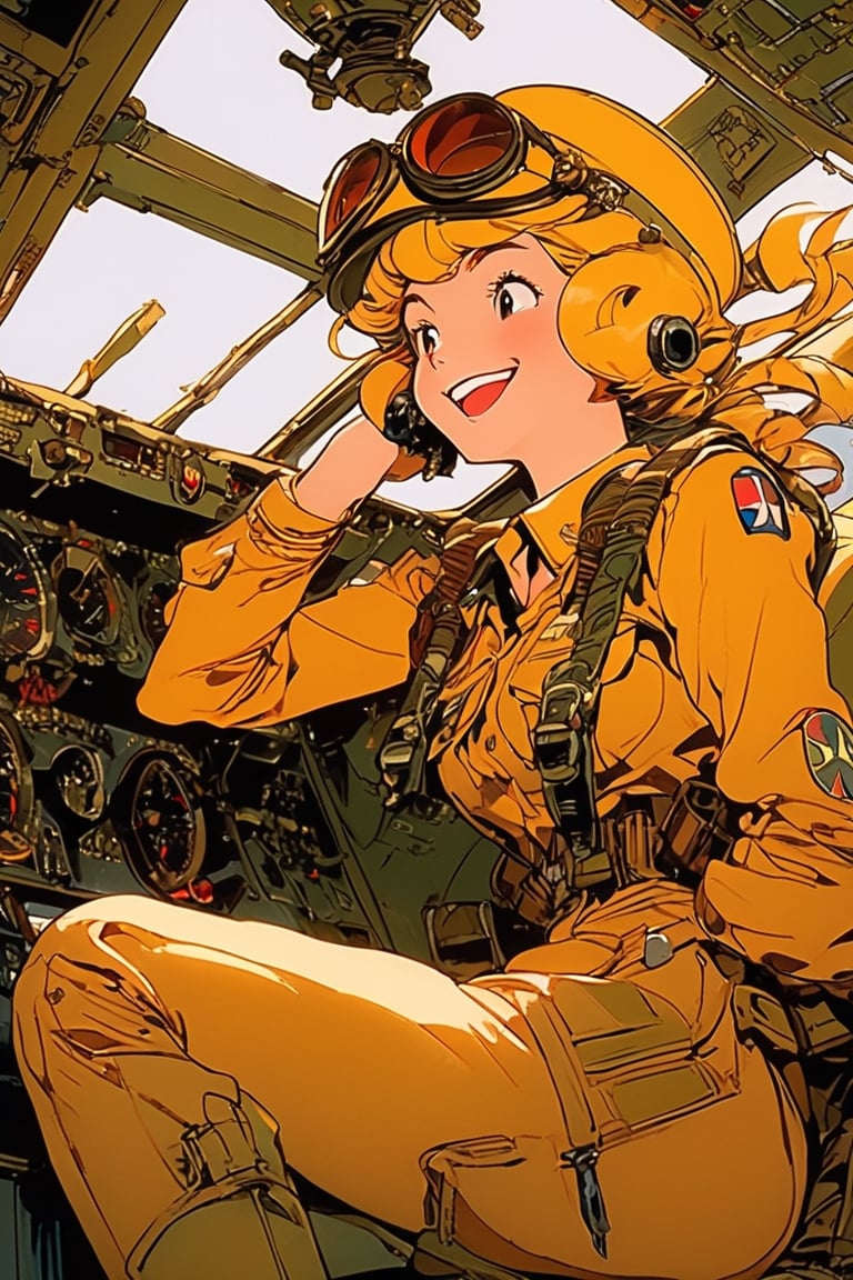 Anime Network, Female Pilot, laughing, bored expression, inside WW2 airplane cockpit, art by Masamune Shirow, art by J.C. Leyendecker . anime style, key visual, vibrant, studio anime