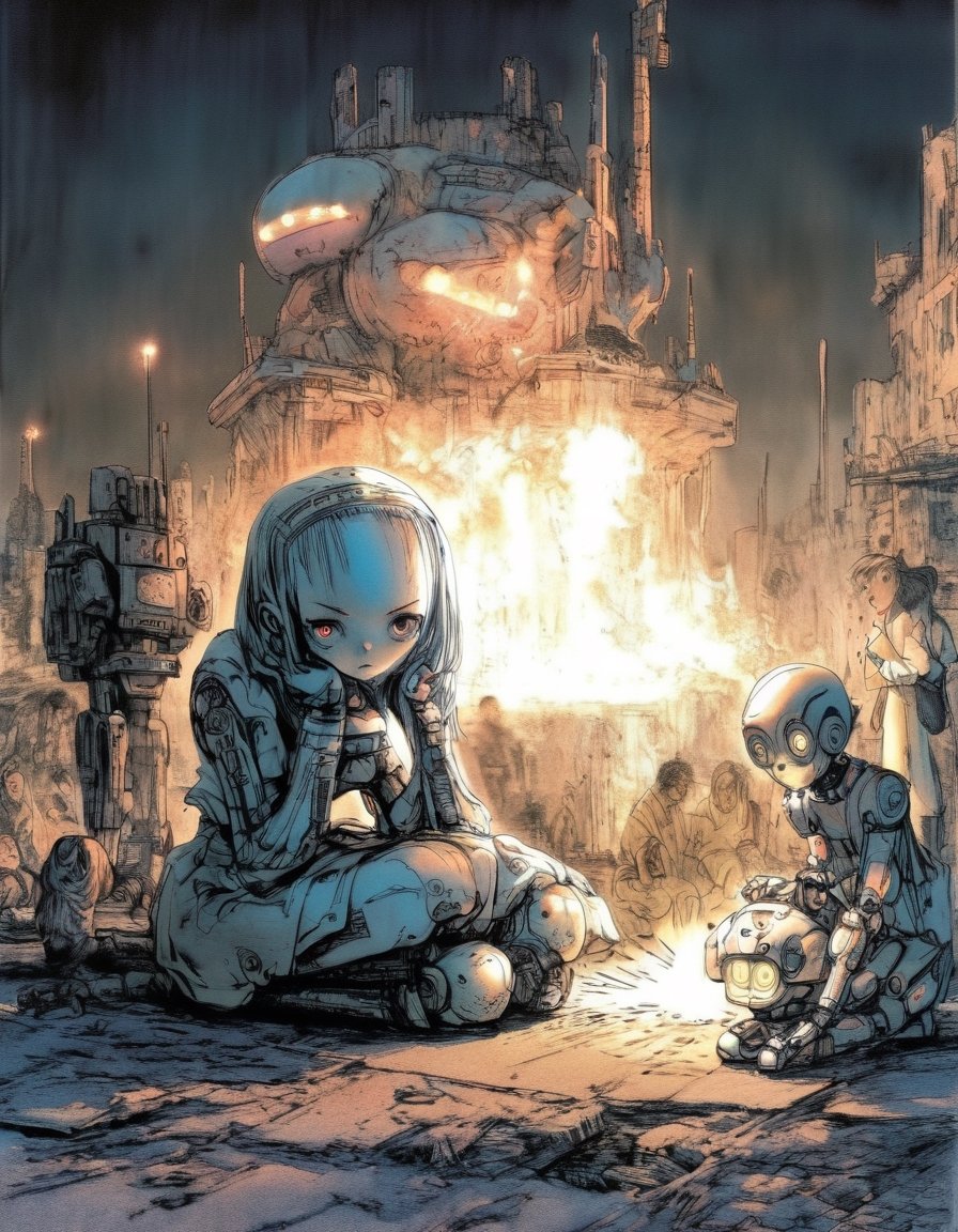 Anime artwork.  r3mbr4ndt sketch etching. Sad android girl, birthday cake, sitting on the ground, led eyes, with metallic robot body, holding a sparkler, surrounded by her family. A crumbling cyberpunk ruin in the background, night scene,r3mbr4ndt